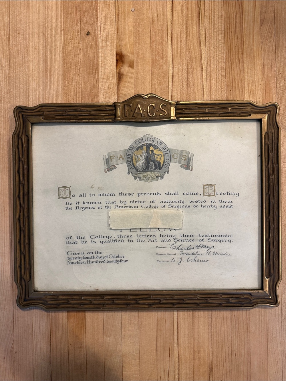 Vintage wooden Picture Frame with Decorative FACS Plaque - Gold